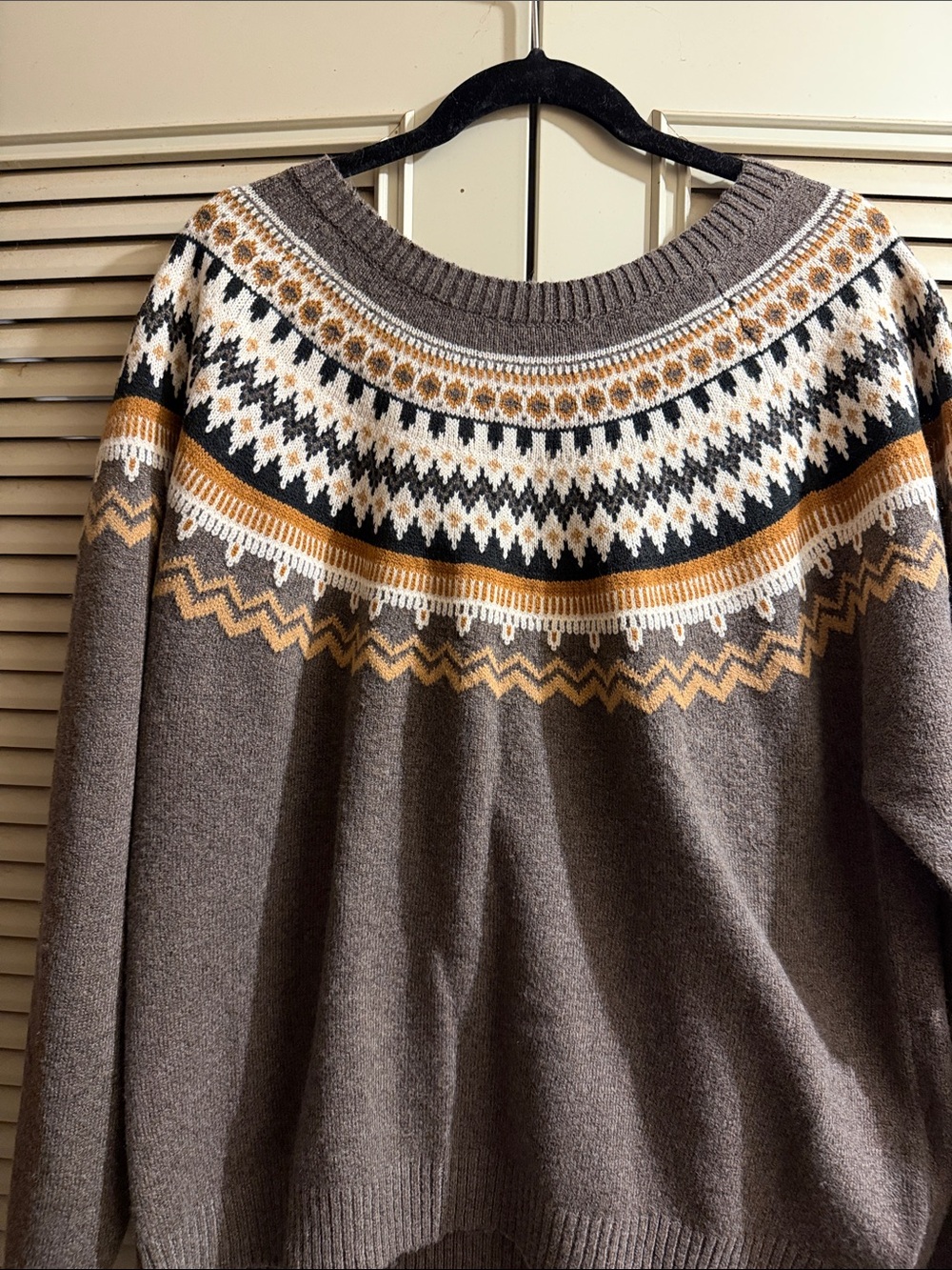 Ladies Fair Isle Crewneck Sweater - Brown with Mustard & White Pattern